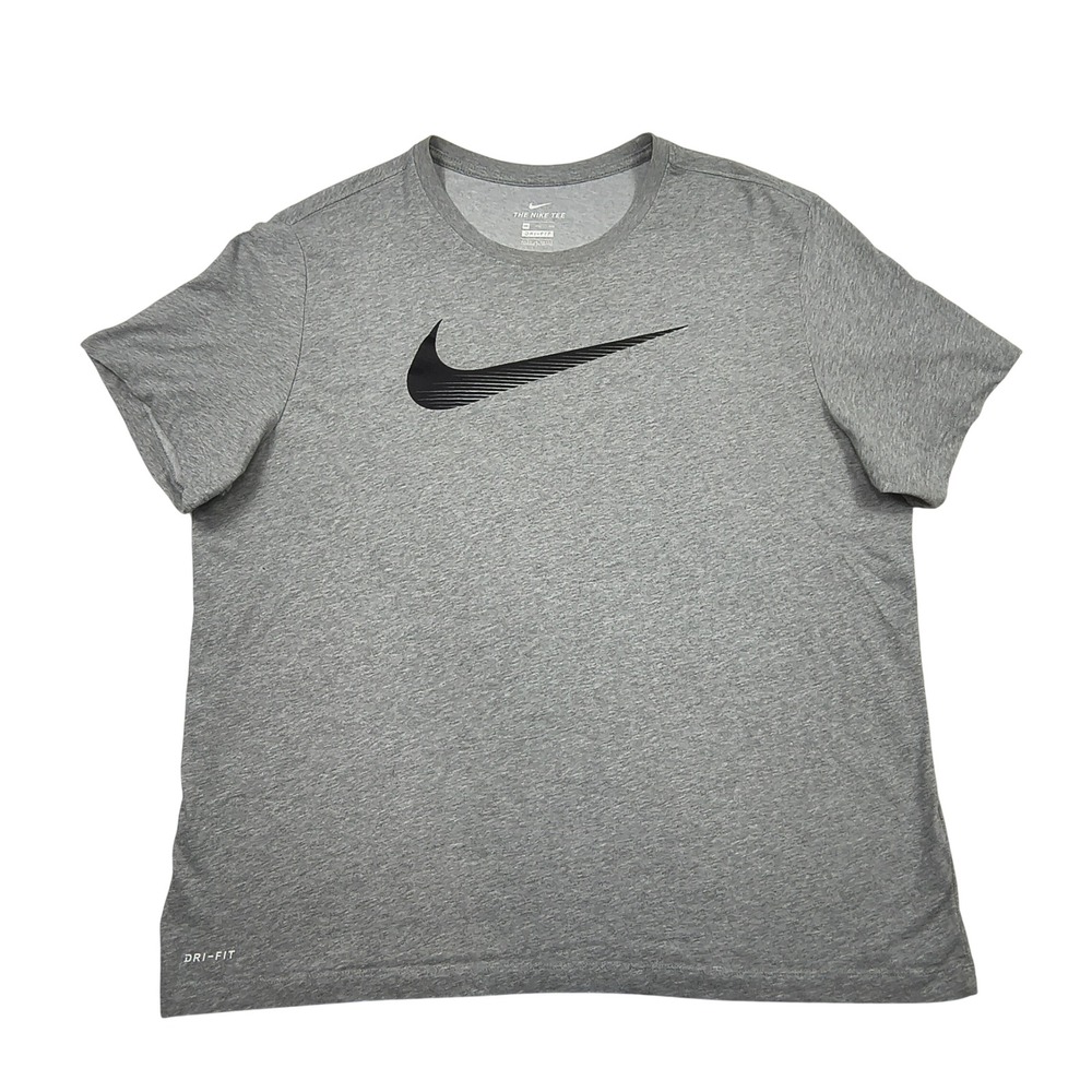 Nike Dri-Fit Mens XXL Gray Short Sleeve Graphic Swoosh‎ T-Shirt Training Gym Tee